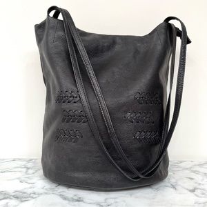 Latico Black Soft Leather Top Stitched Bucket Two Strap Shoulder Bag